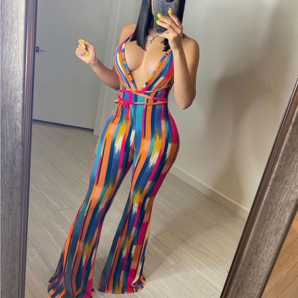 Striped Multicolor Deep-V Wide-Leg Jumpsuit
